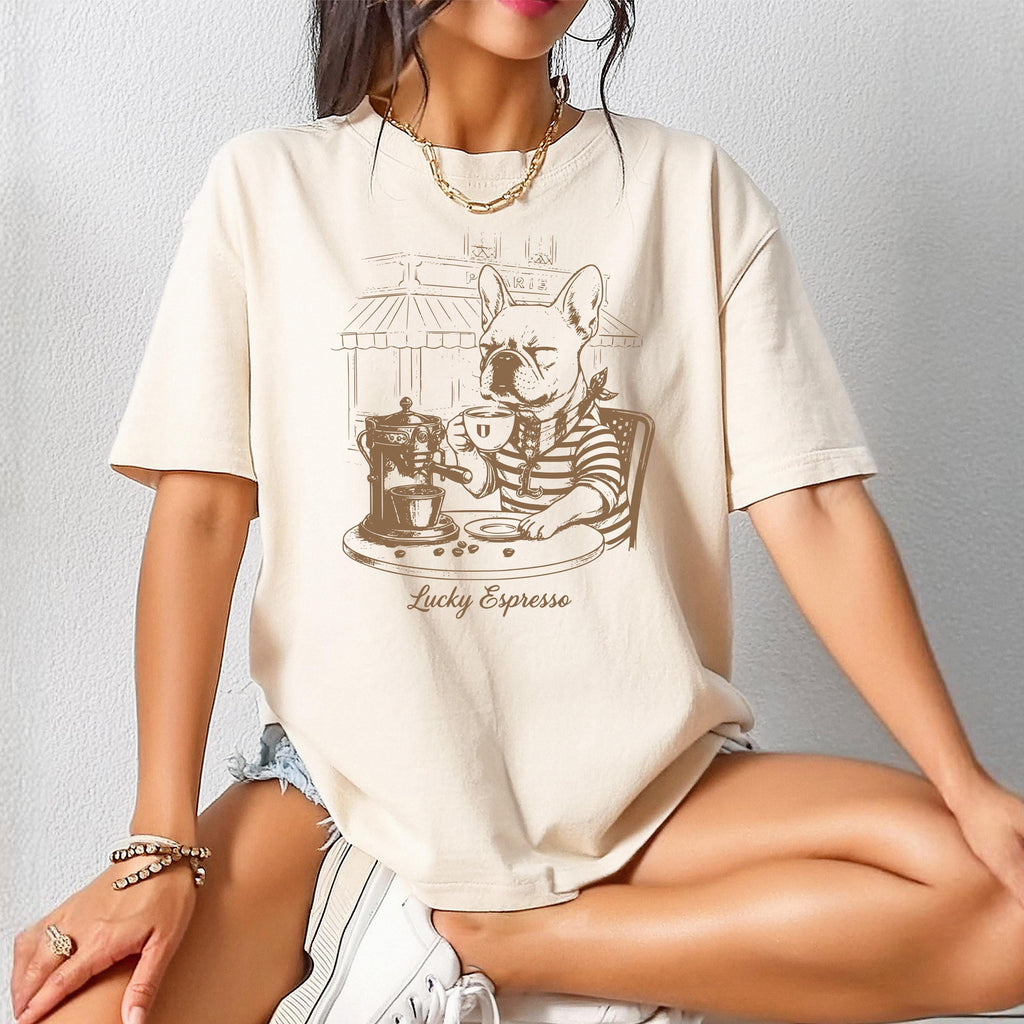 Coffee & Dogs T-Shirt -  French Bulldog Café Sketch, Dog Mom Gift, Comfort Colors