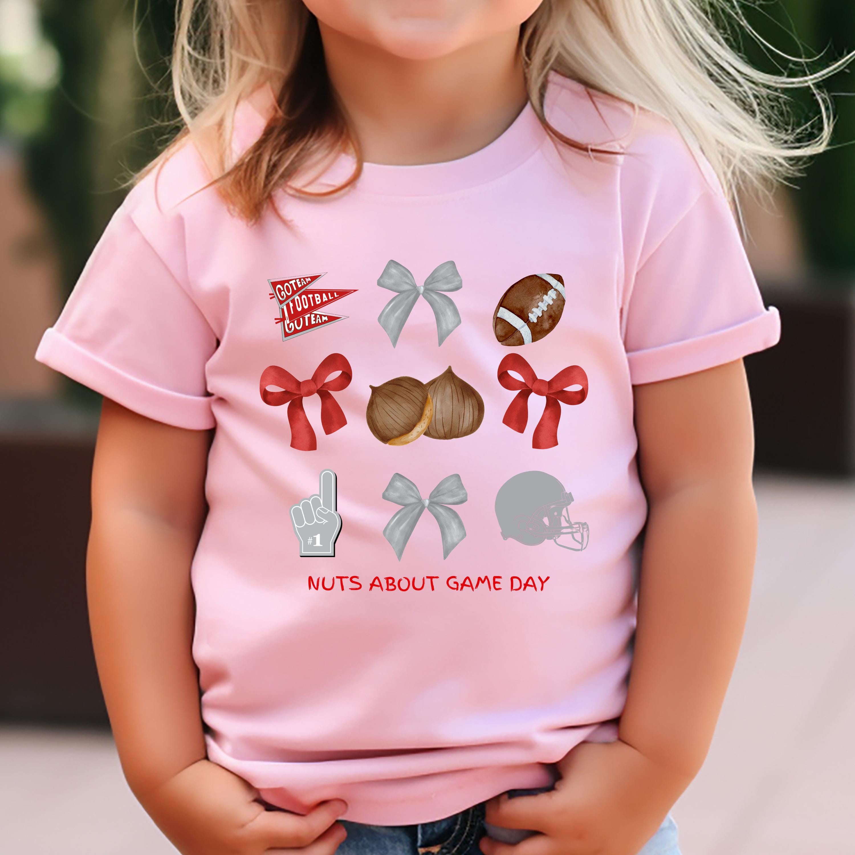 Kids Game Day Shirt, Watercolor Football Pennant & Bows Tee Red and Gray