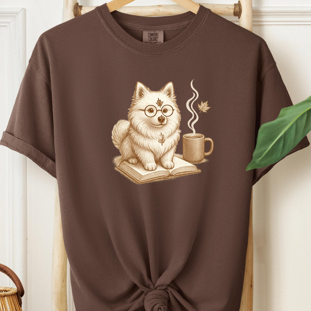Bookish Pomeranian Tee,  Cozy Fall Dog & Coffee Illustration