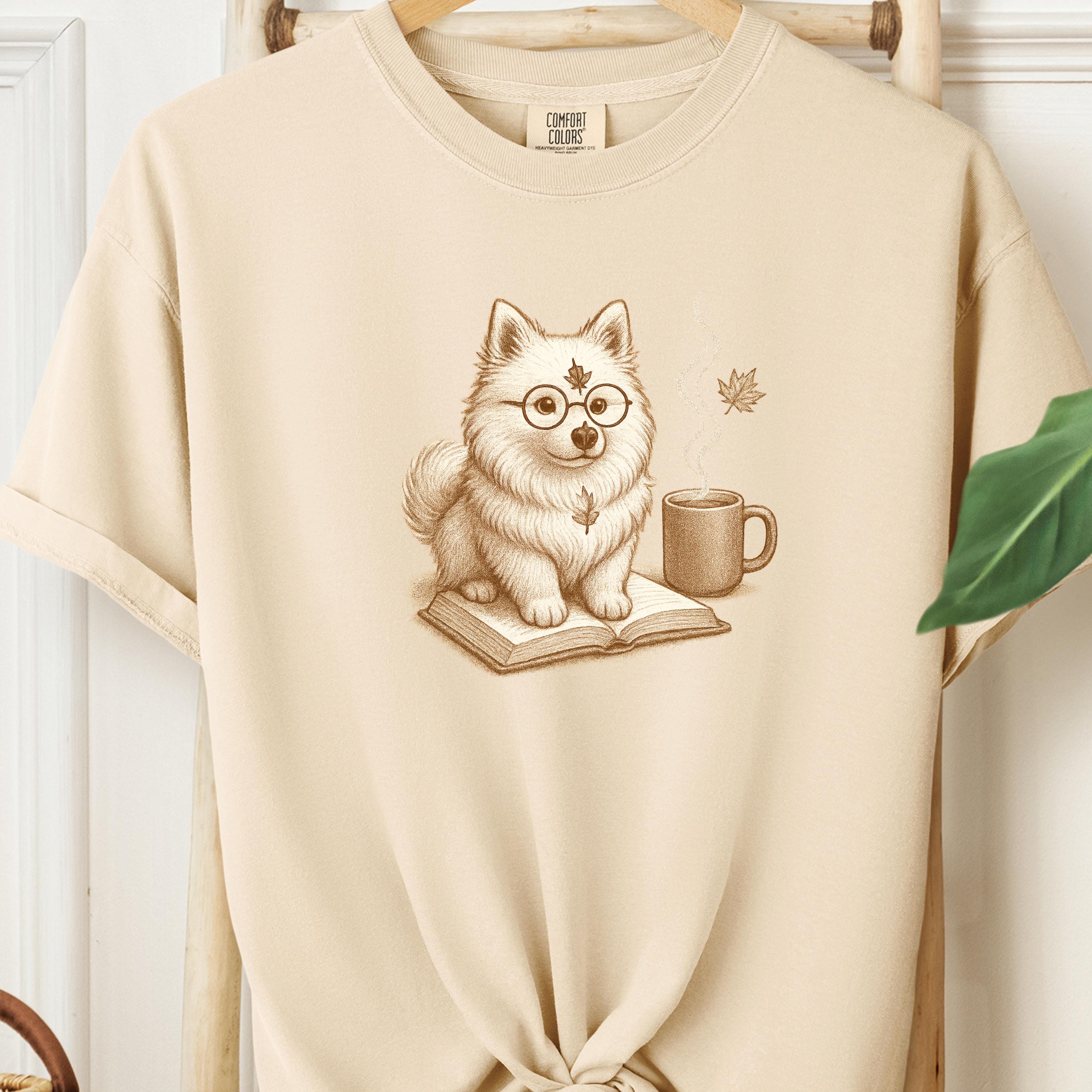 Bookish Pomeranian Tee,  Cozy Fall Dog & Coffee Illustration