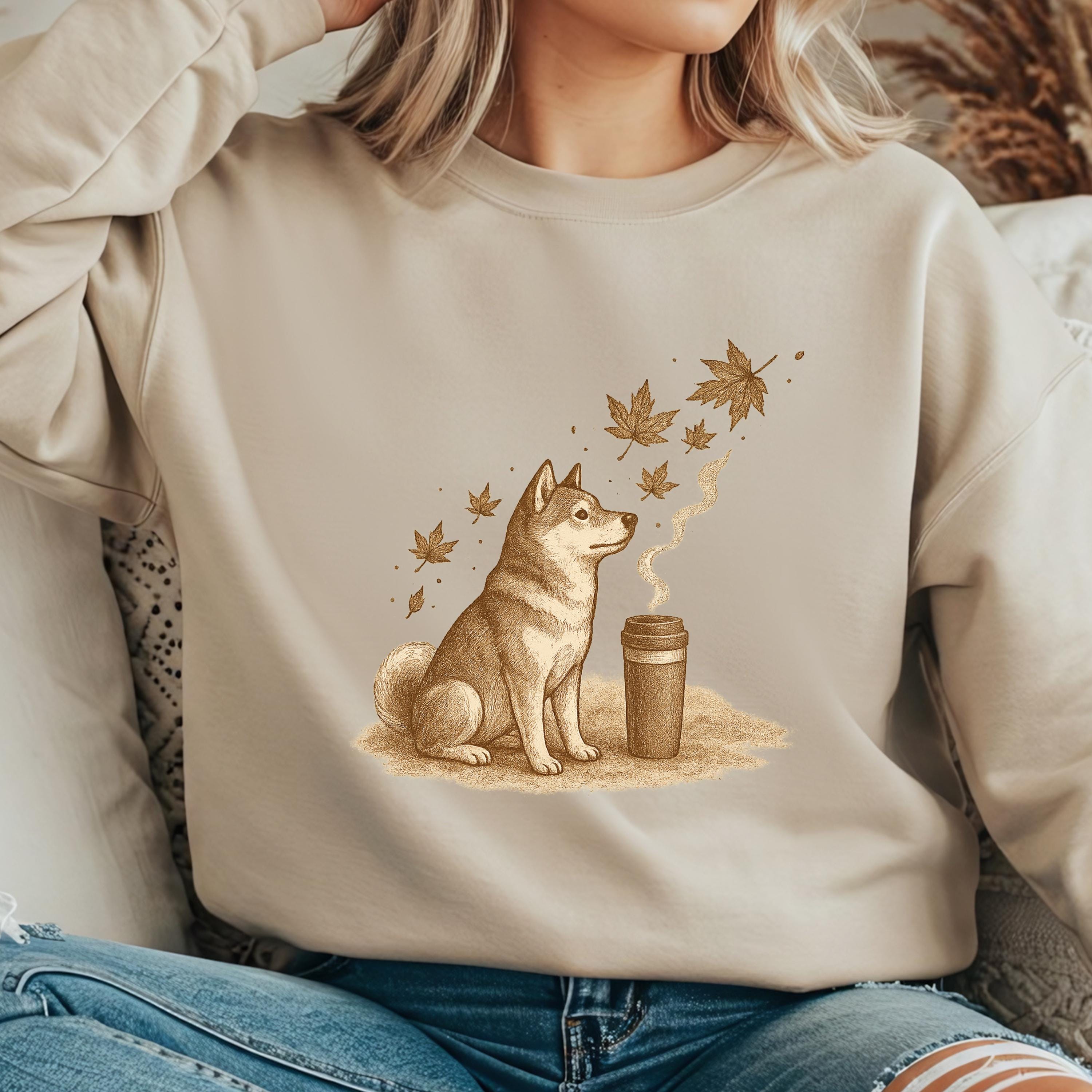 Shiba Inu Sweatshirt - Dog Lover Coffee Crewneck - Cozy Fall Leaves  Comfort Colors 1717
