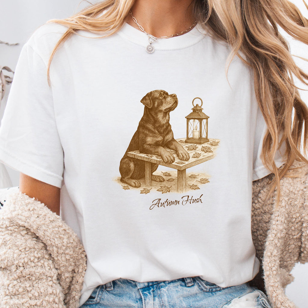 Rottweiler Autumn Hush Tee - Dog with Lantern & Falling Leaves - Vintage Cozy