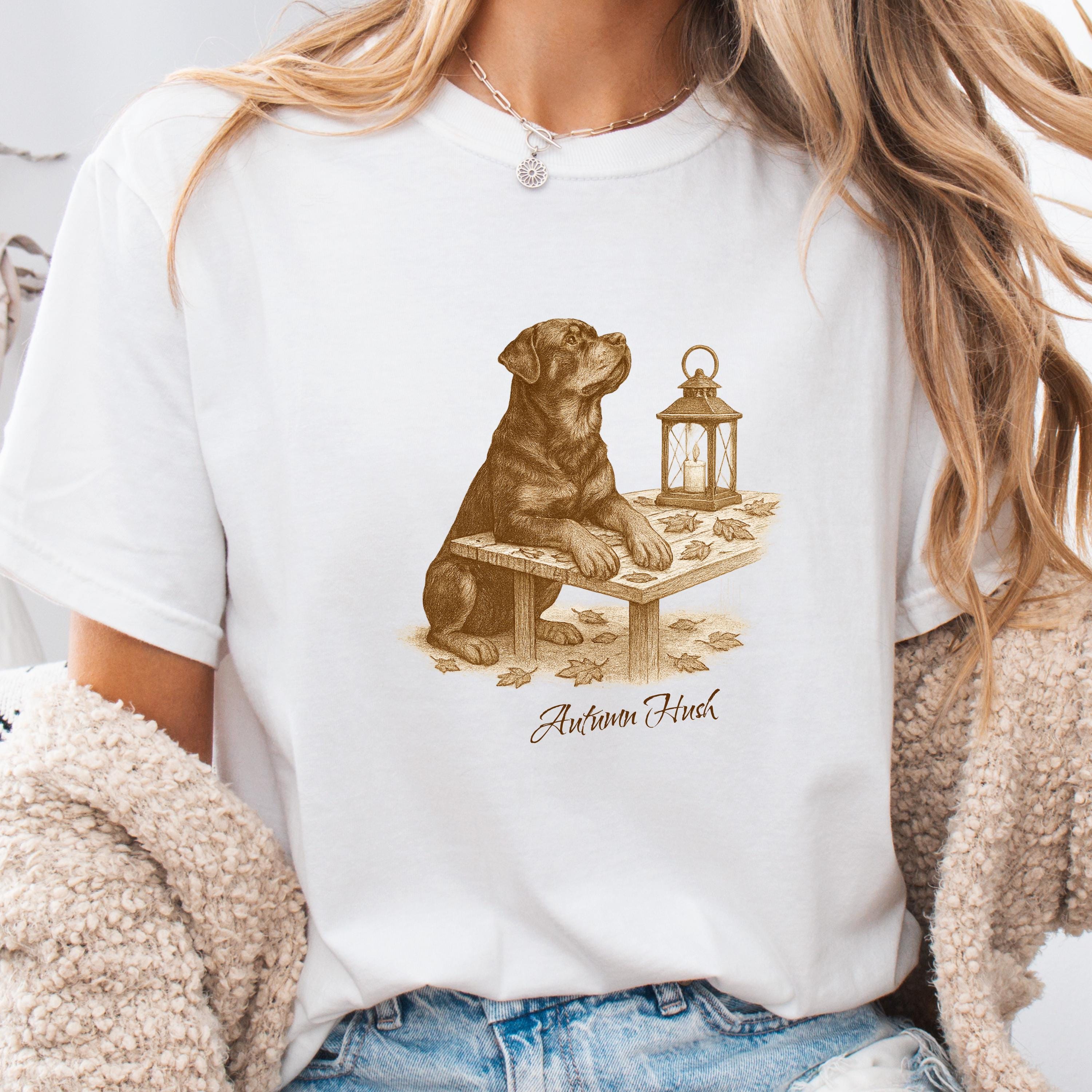 Rottweiler Autumn Hush Tee - Dog with Lantern & Falling Leaves - Vintage Cozy