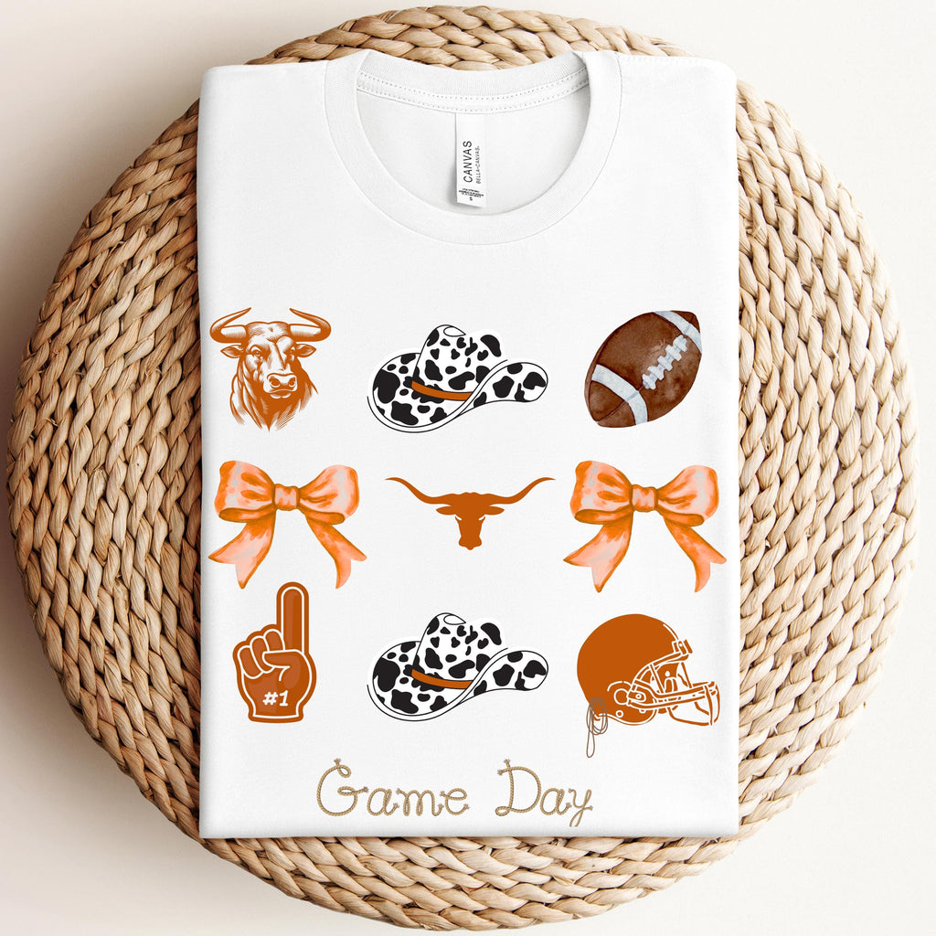 Western Football Shirt, Cow Print Cowboy Hat Game Day Tee with Bows