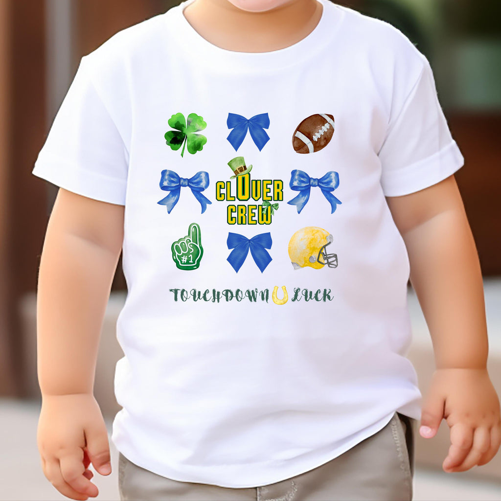 Kids St Patrick's Day Football Shirt, Clover Crew Shamrock Game Day Tee