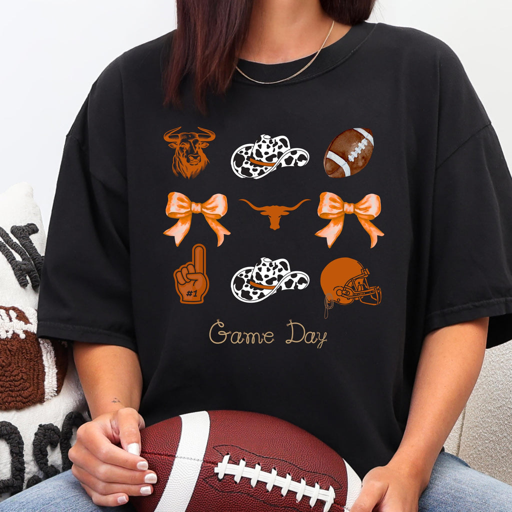 Western Football Shirt, Cow Print Cowboy Hat Game Day Tee with Bows