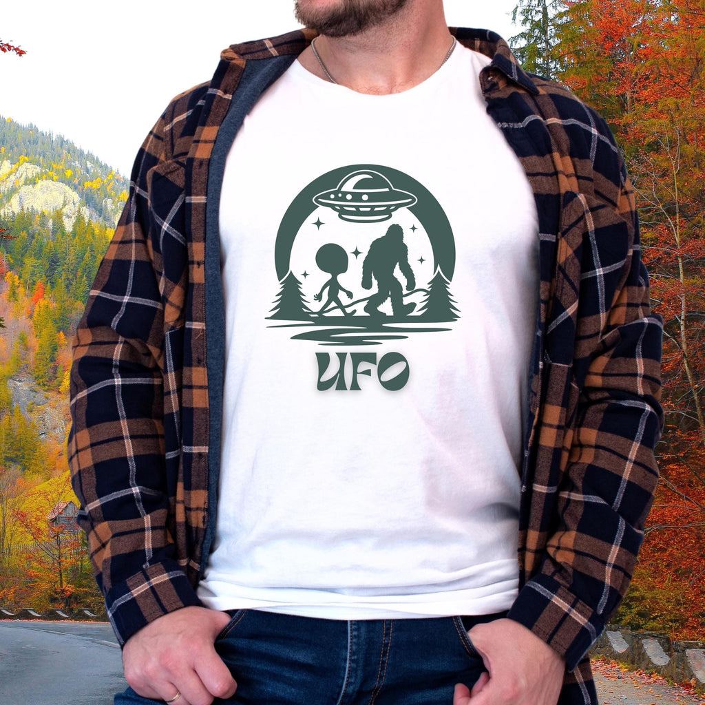 UFO Adventure Unisex Tee: Quirky Alien & Bigfoot Graphic Shirt,