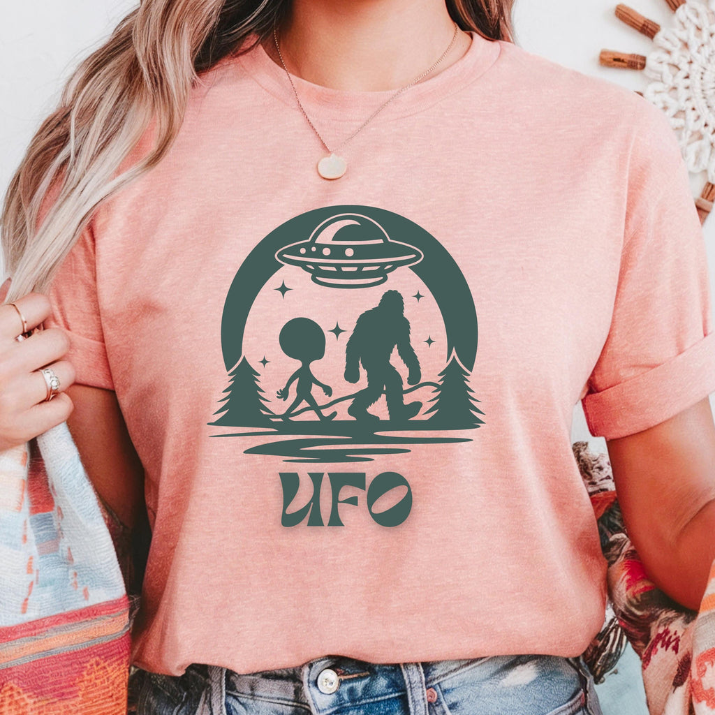 UFO Adventure Unisex Tee: Quirky Alien & Bigfoot Graphic Shirt,