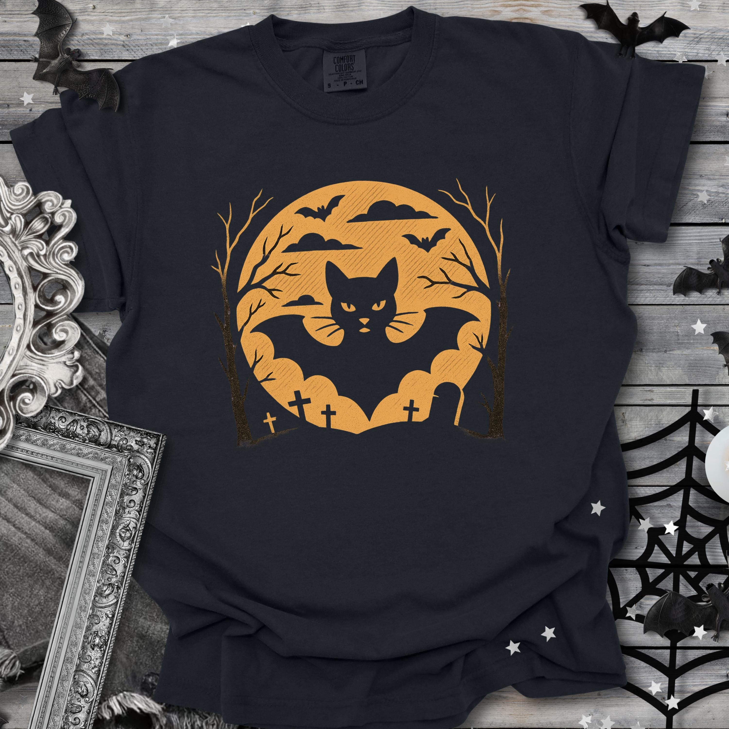 Black Cat Halloween Shirt – Spooky Graveyard Tee