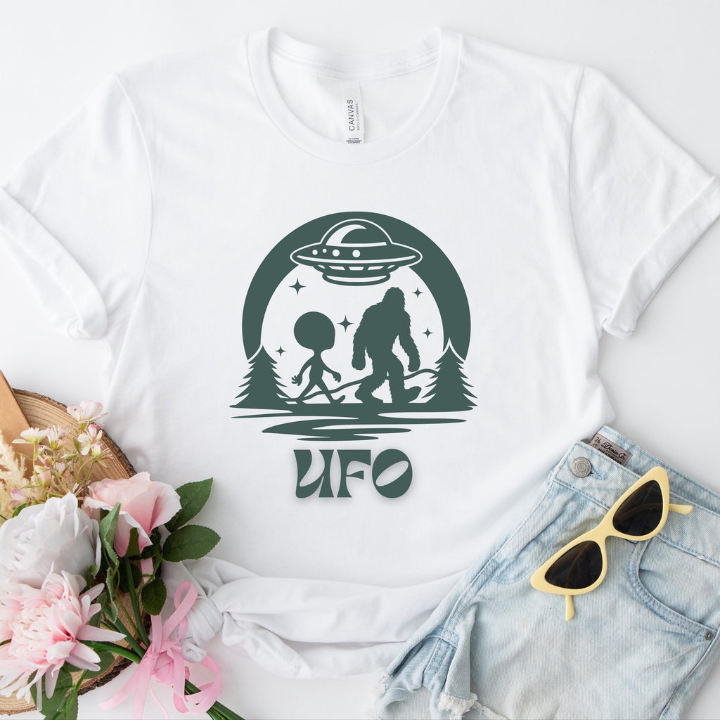 UFO Adventure Unisex Tee: Quirky Alien & Bigfoot Graphic Shirt,