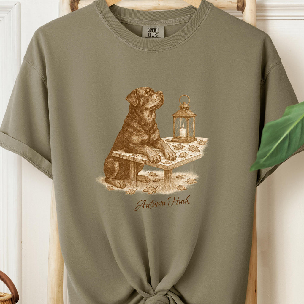 Rottweiler Autumn Hush Tee - Dog with Lantern & Falling Leaves - Vintage Cozy