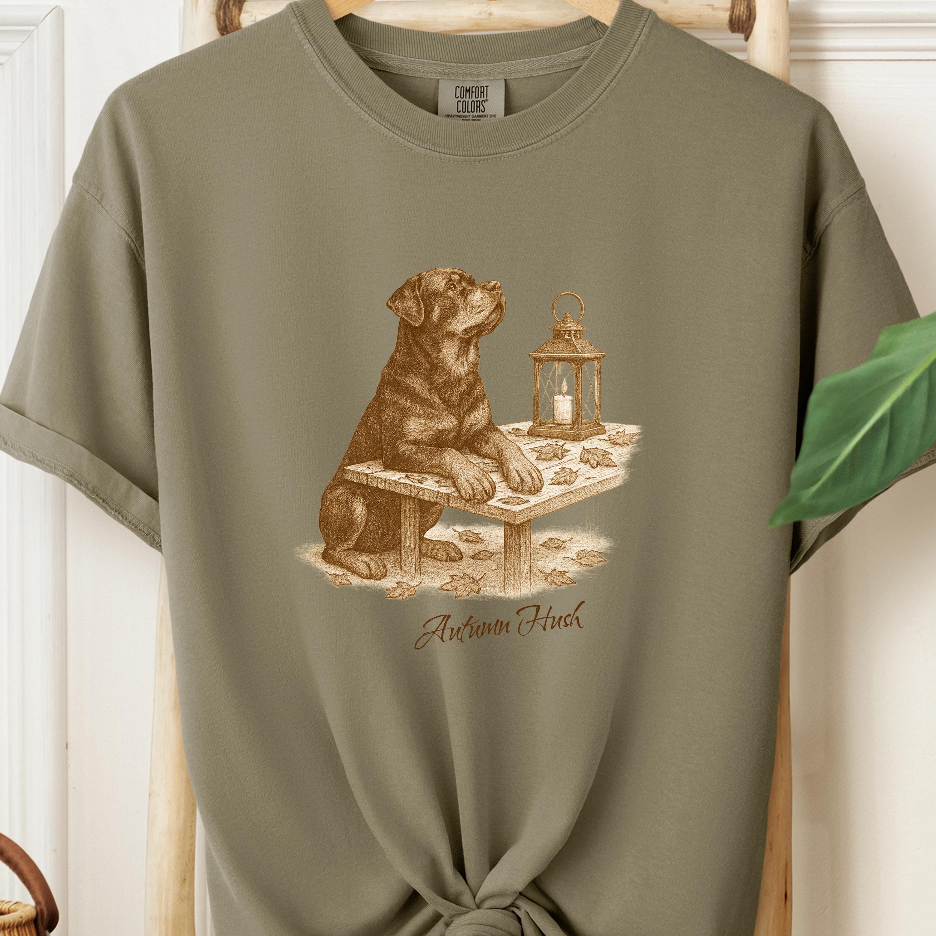 Rottweiler Autumn Hush Tee - Dog with Lantern & Falling Leaves - Vintage Cozy
