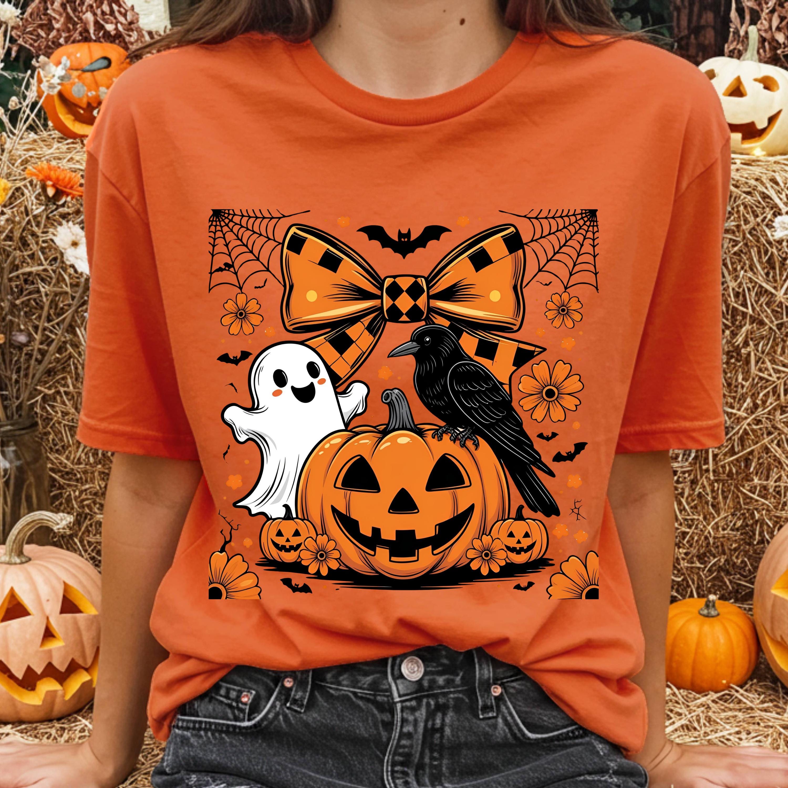 Halloween Vintage, Retro Checkered Halloween Png Witchy Vibes PngGhost Coquette Png, Spooky Season Png, Floral Fall Pumpkin Bow Sublimation