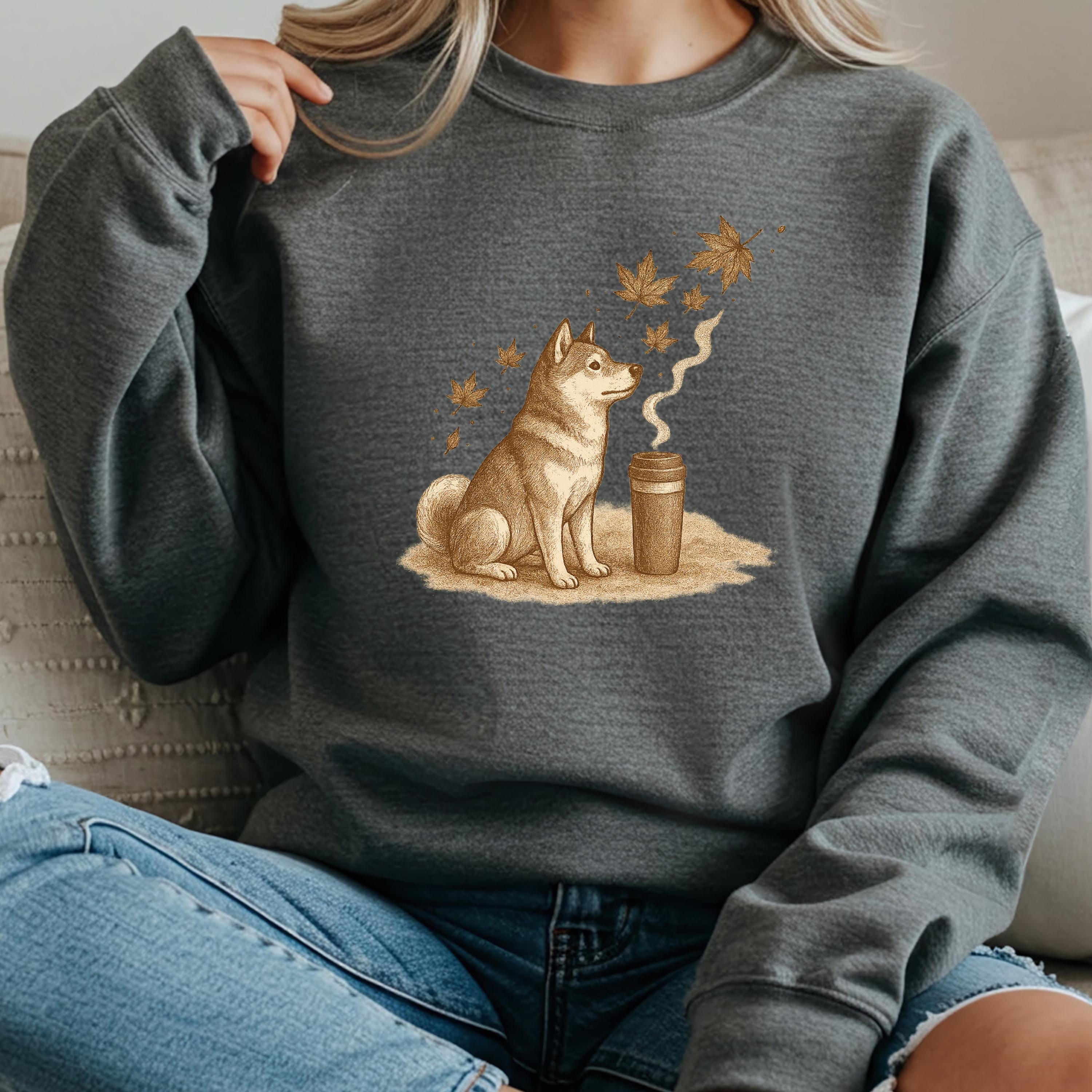 Shiba Inu Sweatshirt - Dog Lover Coffee Crewneck - Cozy Fall Leaves  Comfort Colors 1717