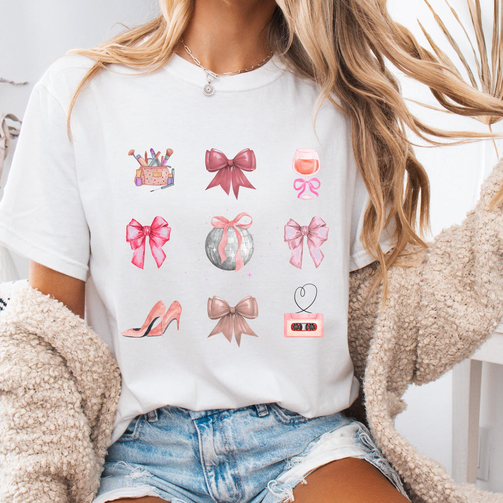 Retro Coquette Bow Shirt - Watercolor Disco Ball and 90s Cassette