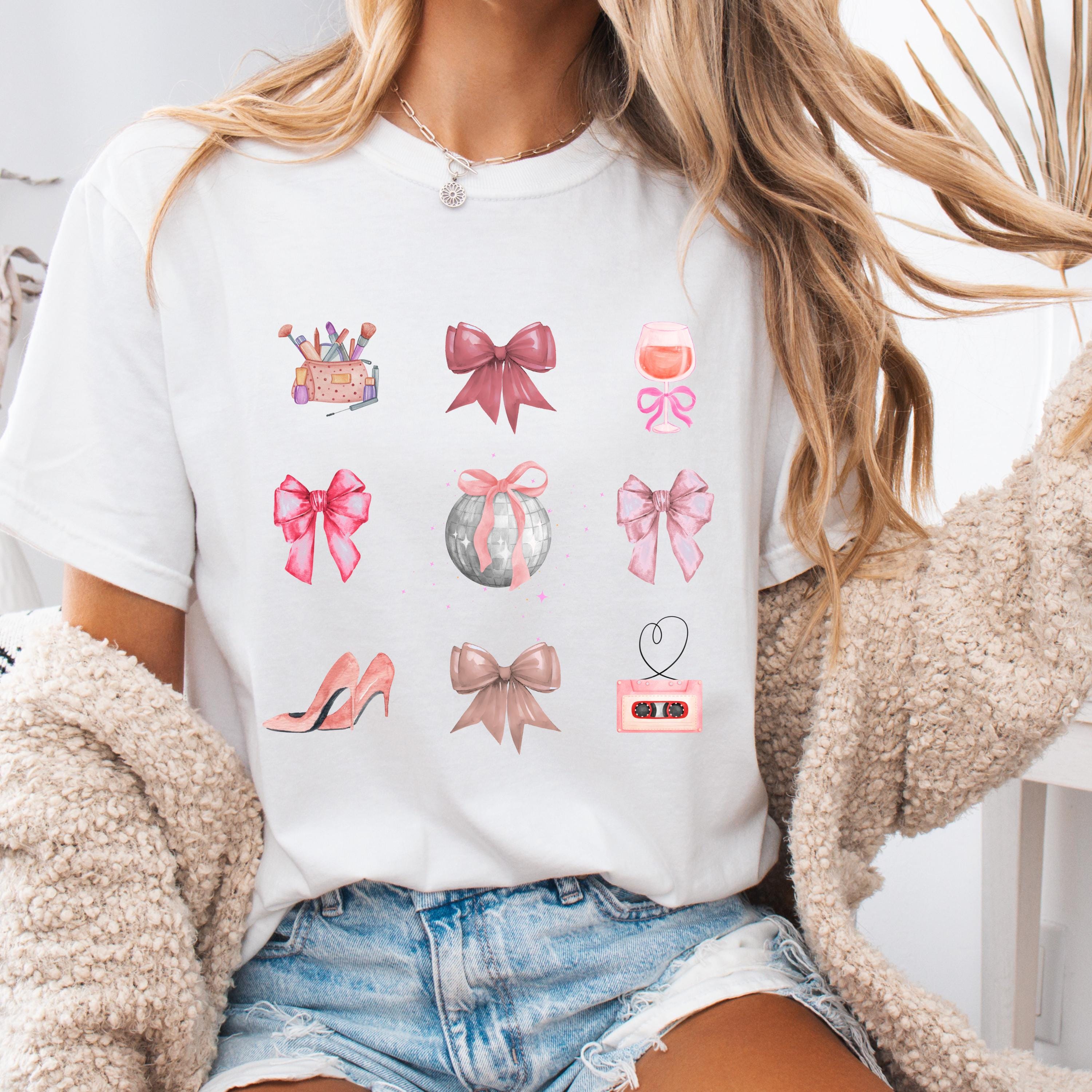 Retro Coquette Bow Shirt - Watercolor Disco Ball and 90s Cassette