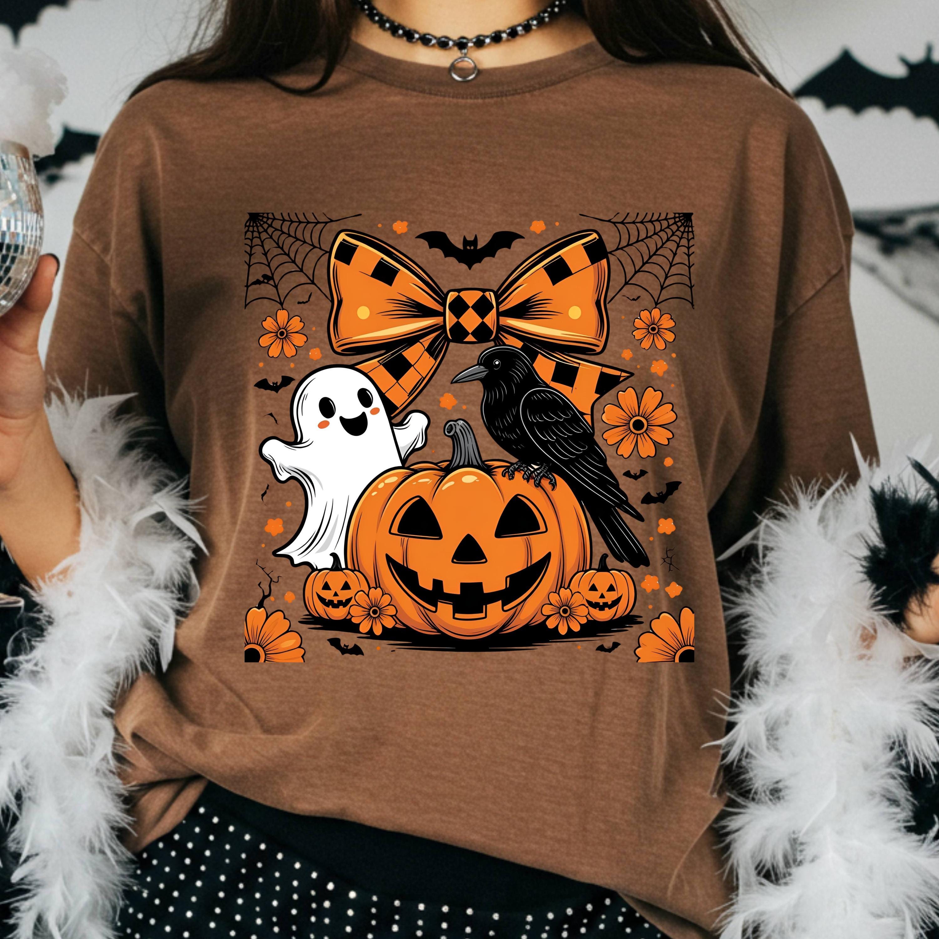 Halloween Vintage, Retro Checkered Halloween Png Witchy Vibes PngGhost Coquette Png, Spooky Season Png, Floral Fall Pumpkin Bow Sublimation