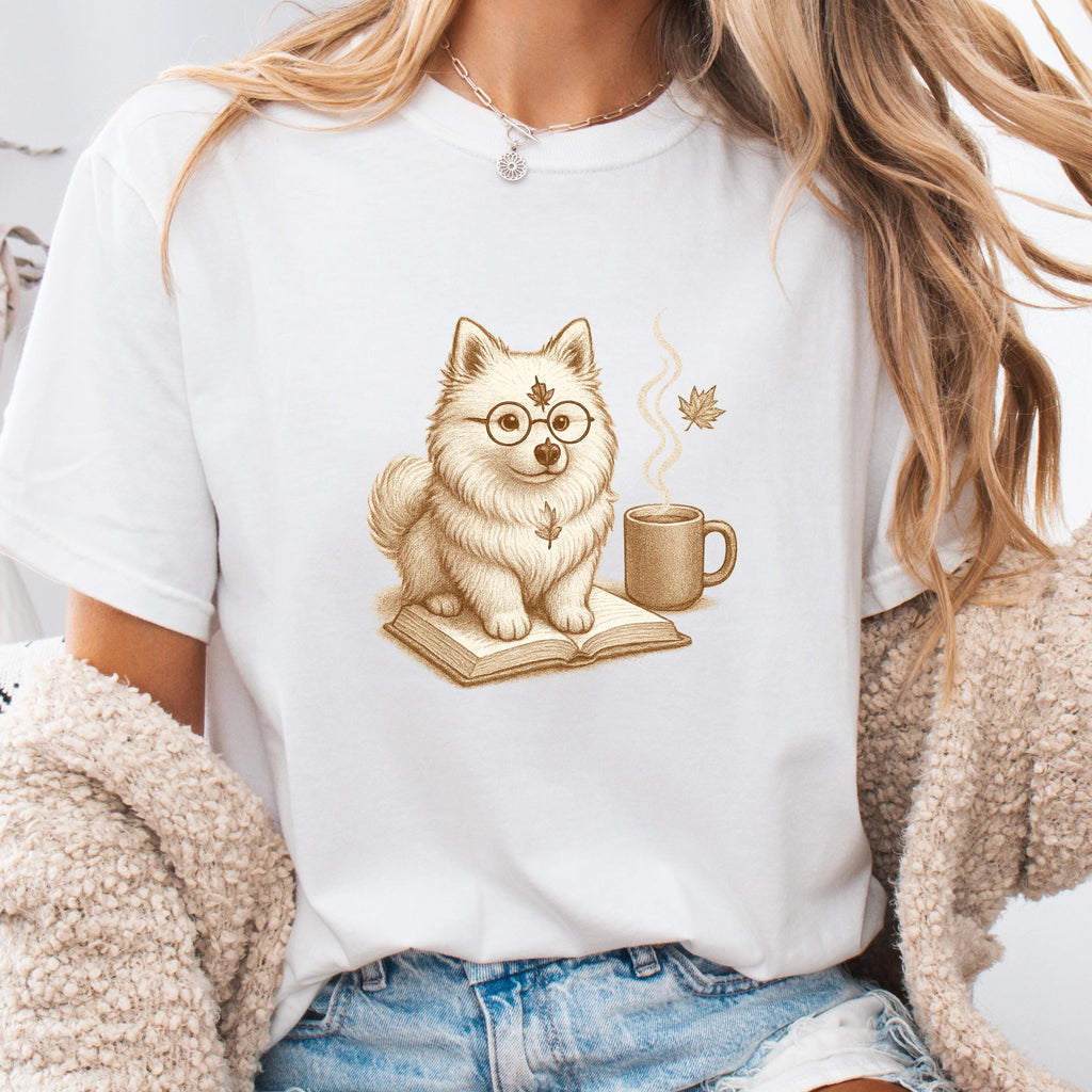 Bookish Pomeranian Tee,  Cozy Fall Dog & Coffee Illustration