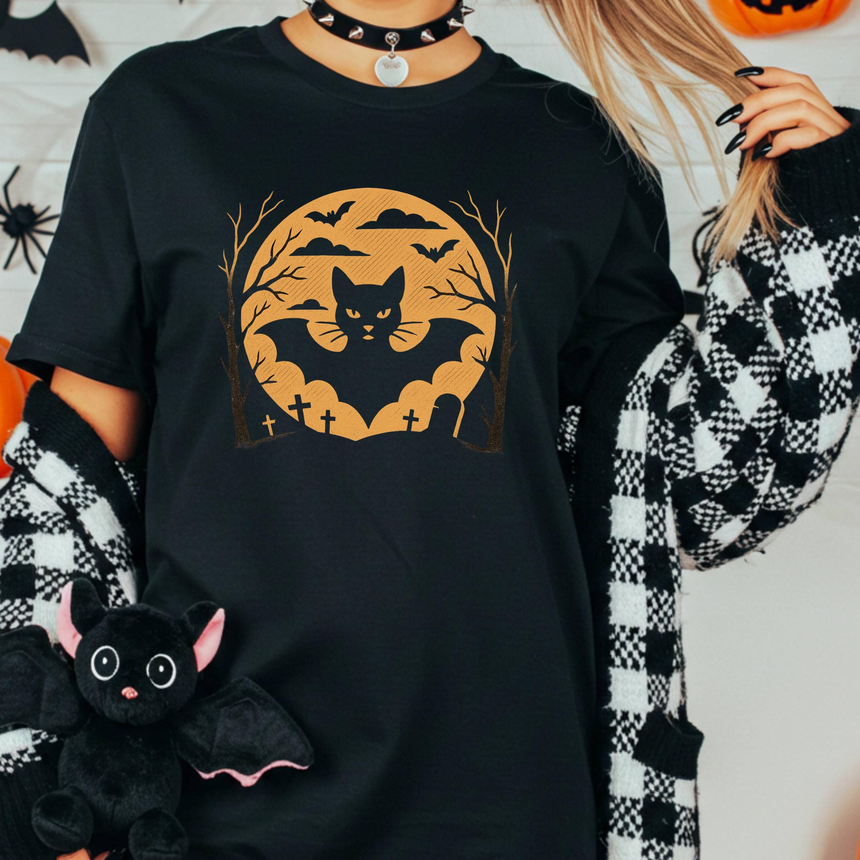 Black Cat Halloween Shirt – Spooky Graveyard Tee