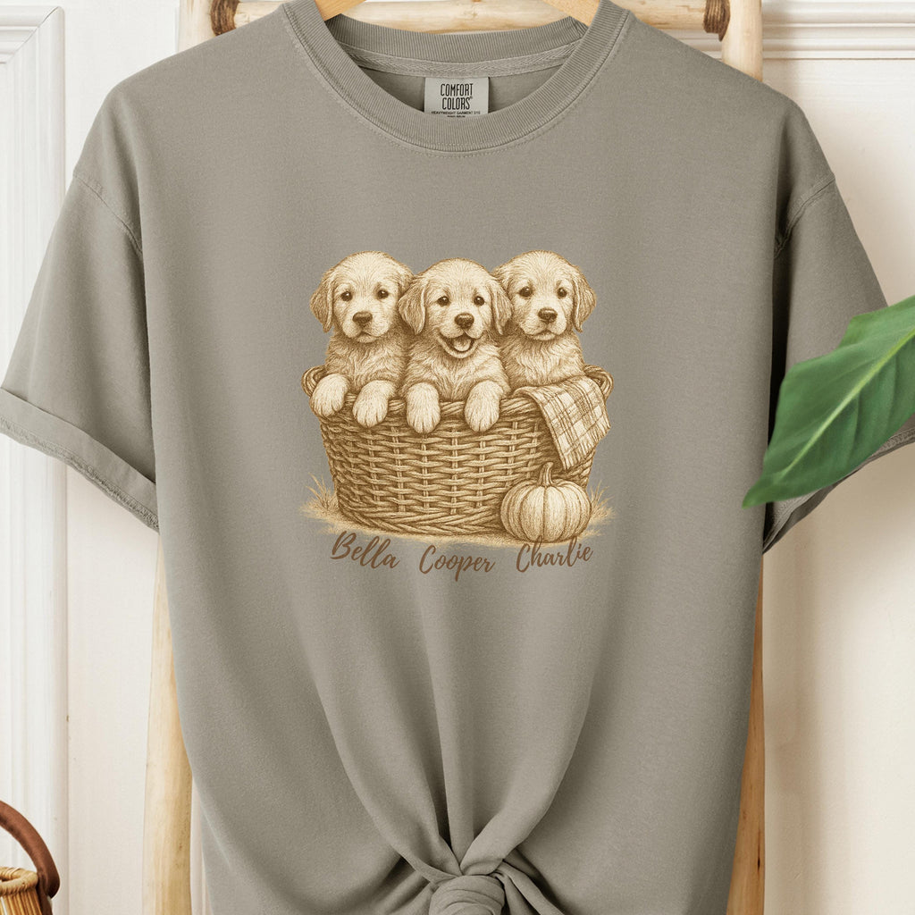 Golden Retriever Puppies Fall Tee - Basket & Pumpkin