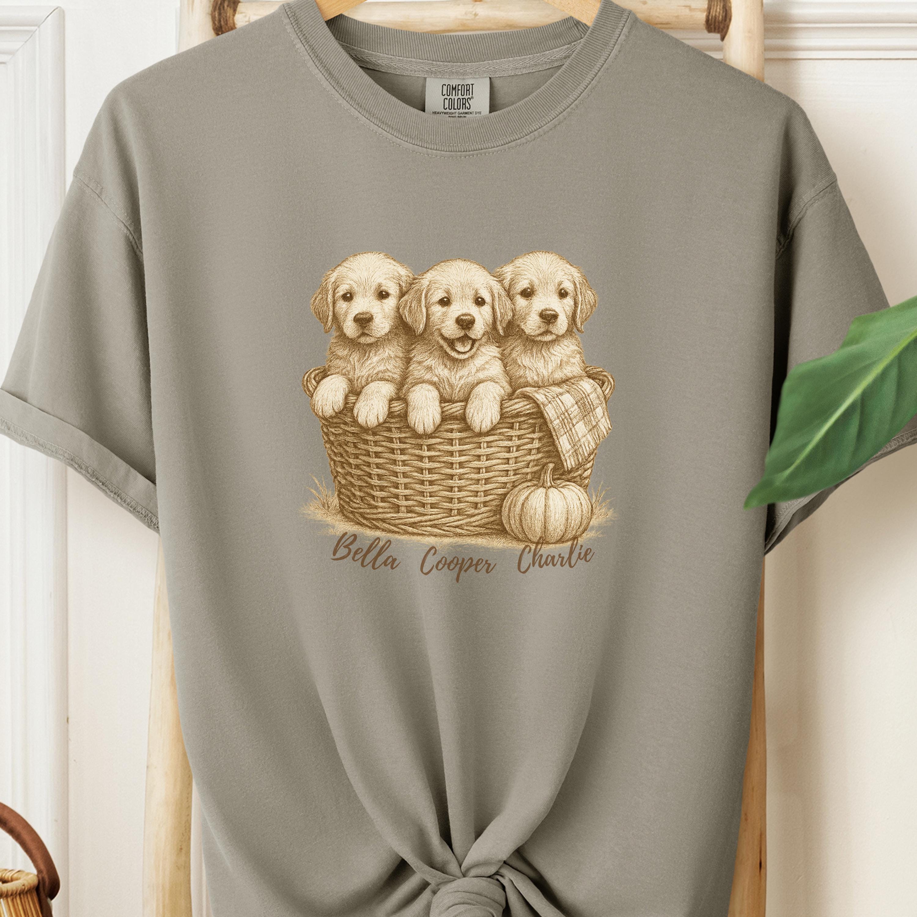 Golden Retriever Puppies Fall Tee - Basket & Pumpkin