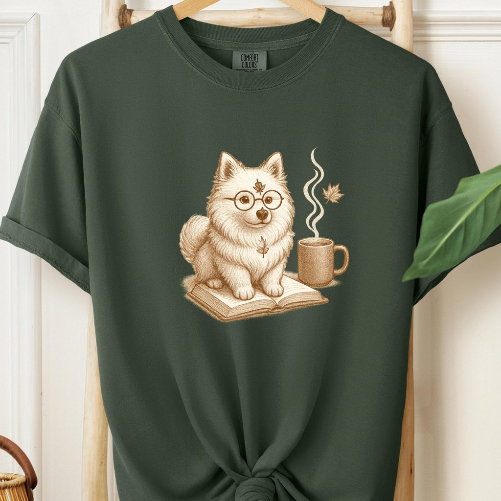 Bookish Pomeranian Tee,  Cozy Fall Dog & Coffee Illustration