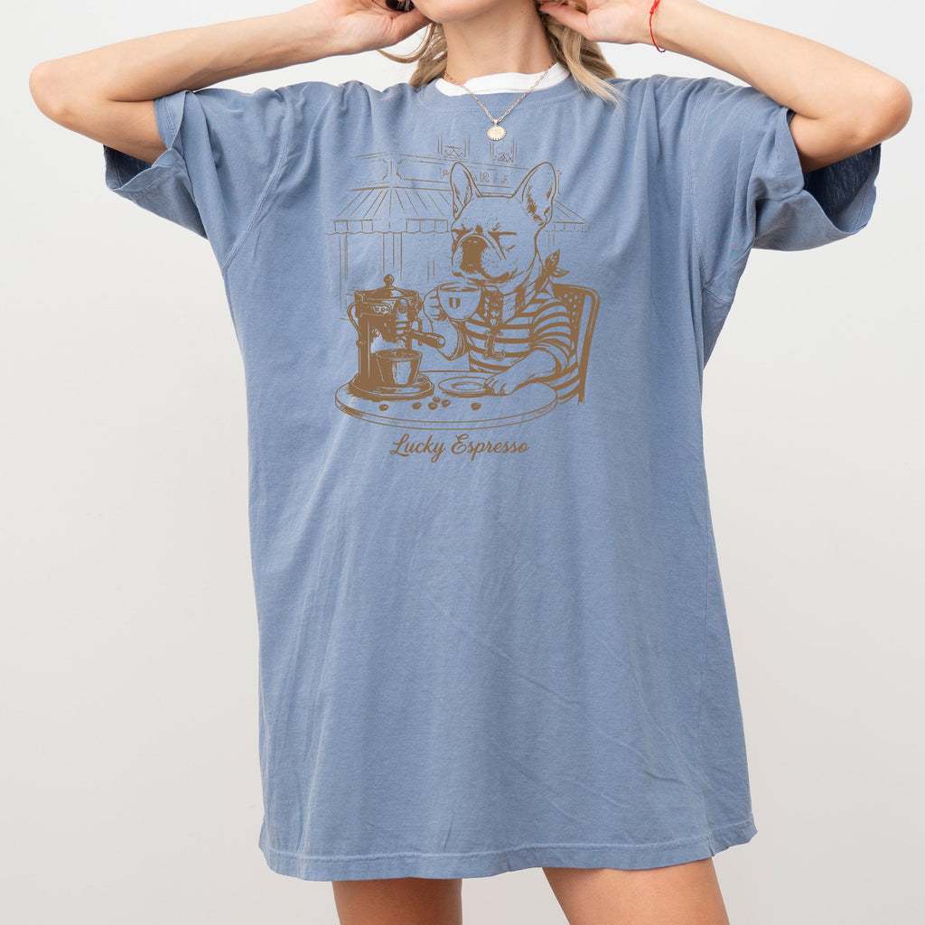 Coffee & Dogs T-Shirt -  French Bulldog Café Sketch, Dog Mom Gift, Comfort Colors