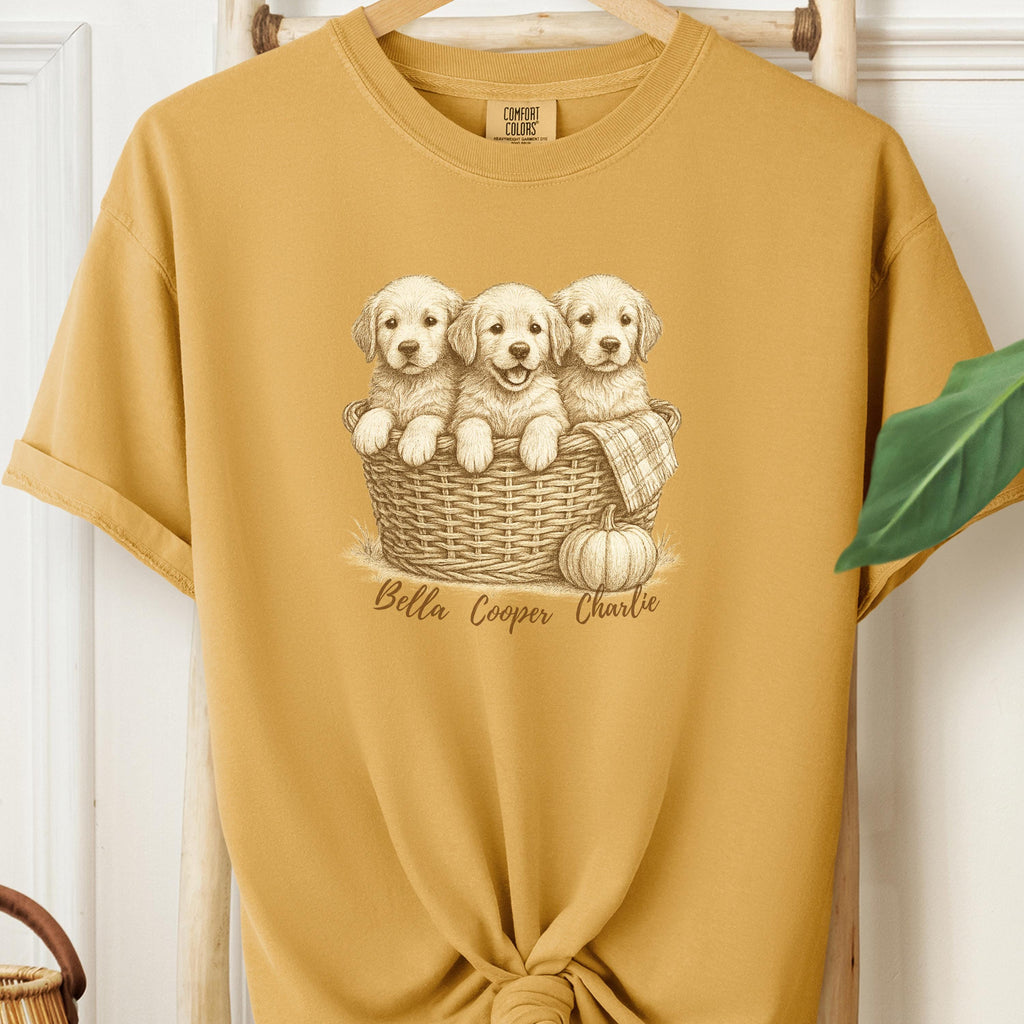 Golden Retriever Puppies Fall Tee - Basket & Pumpkin