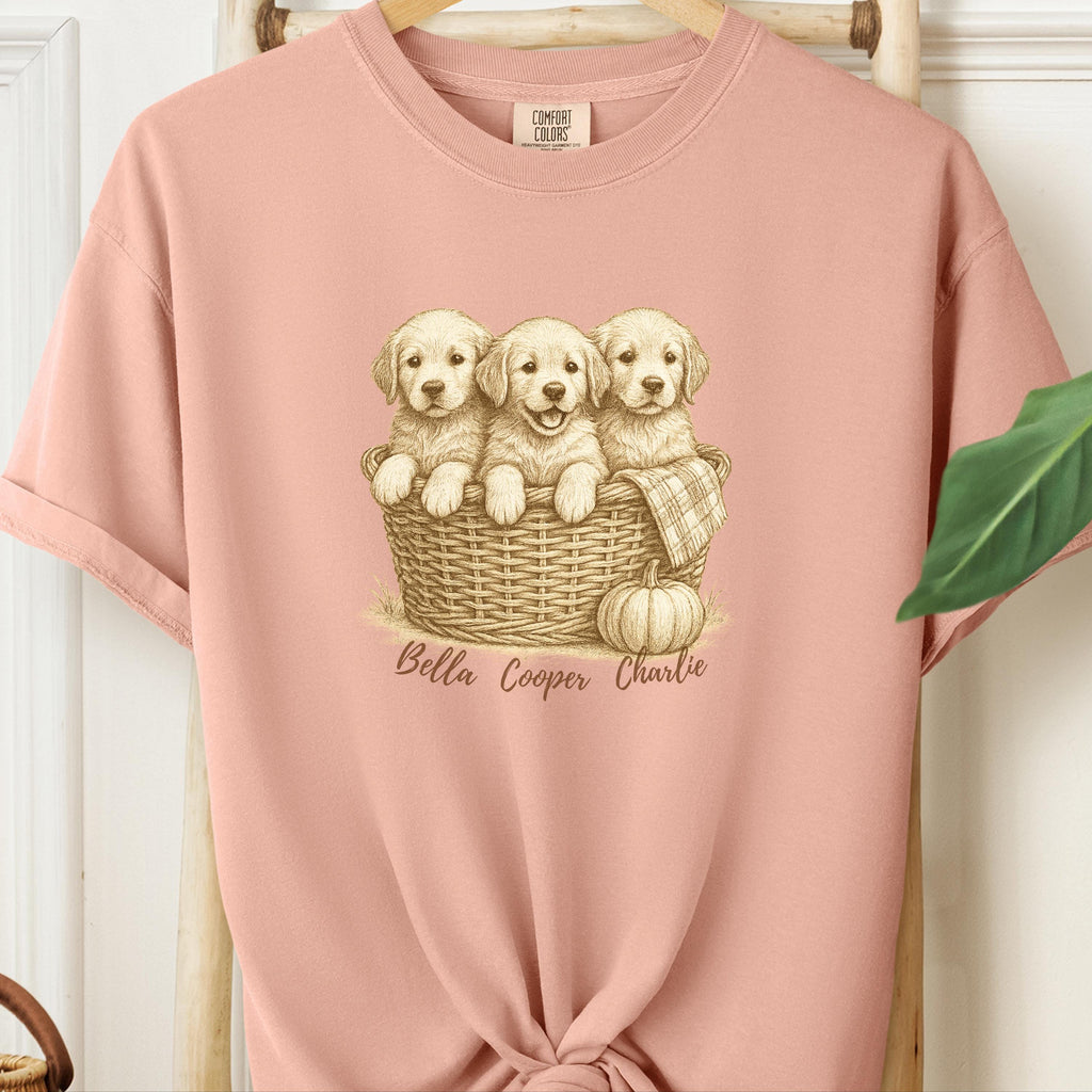 Golden Retriever Puppies Fall Tee - Basket & Pumpkin