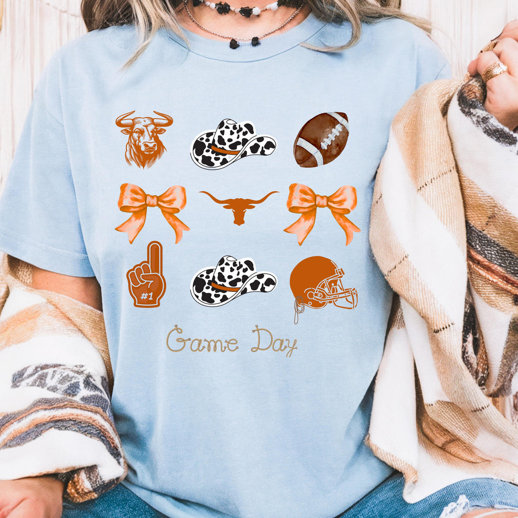 Western Football Shirt, Cow Print Cowboy Hat Game Day Tee with Bows