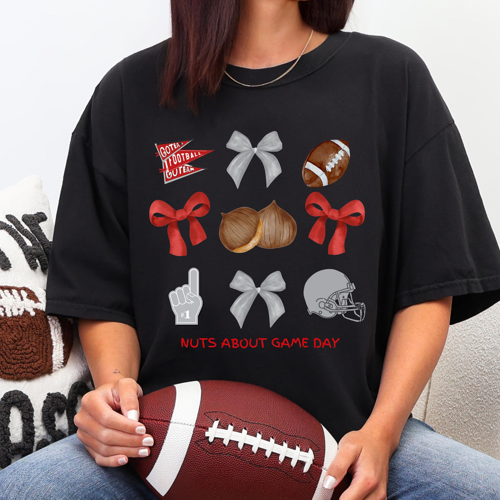 Red and Gray Game Day Shirt, Watercolor Football Pennant & Bows Tee