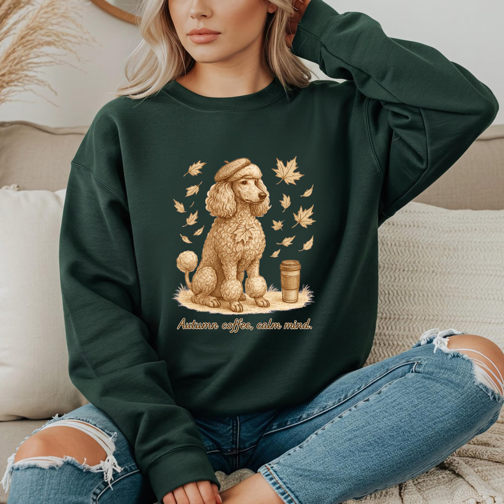 Autumn Coffee Poodle Sweatshirt | Fall Leaves, Cozy Mug, Calm Mind