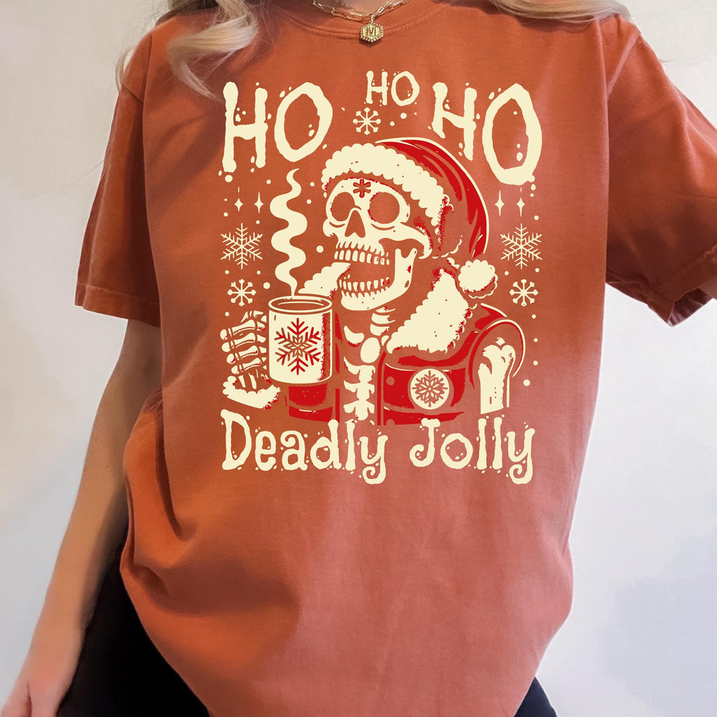 Deadly Jolly Skeleton Santa T-shirt | Ho Ho Ho Christmas Skull Tee