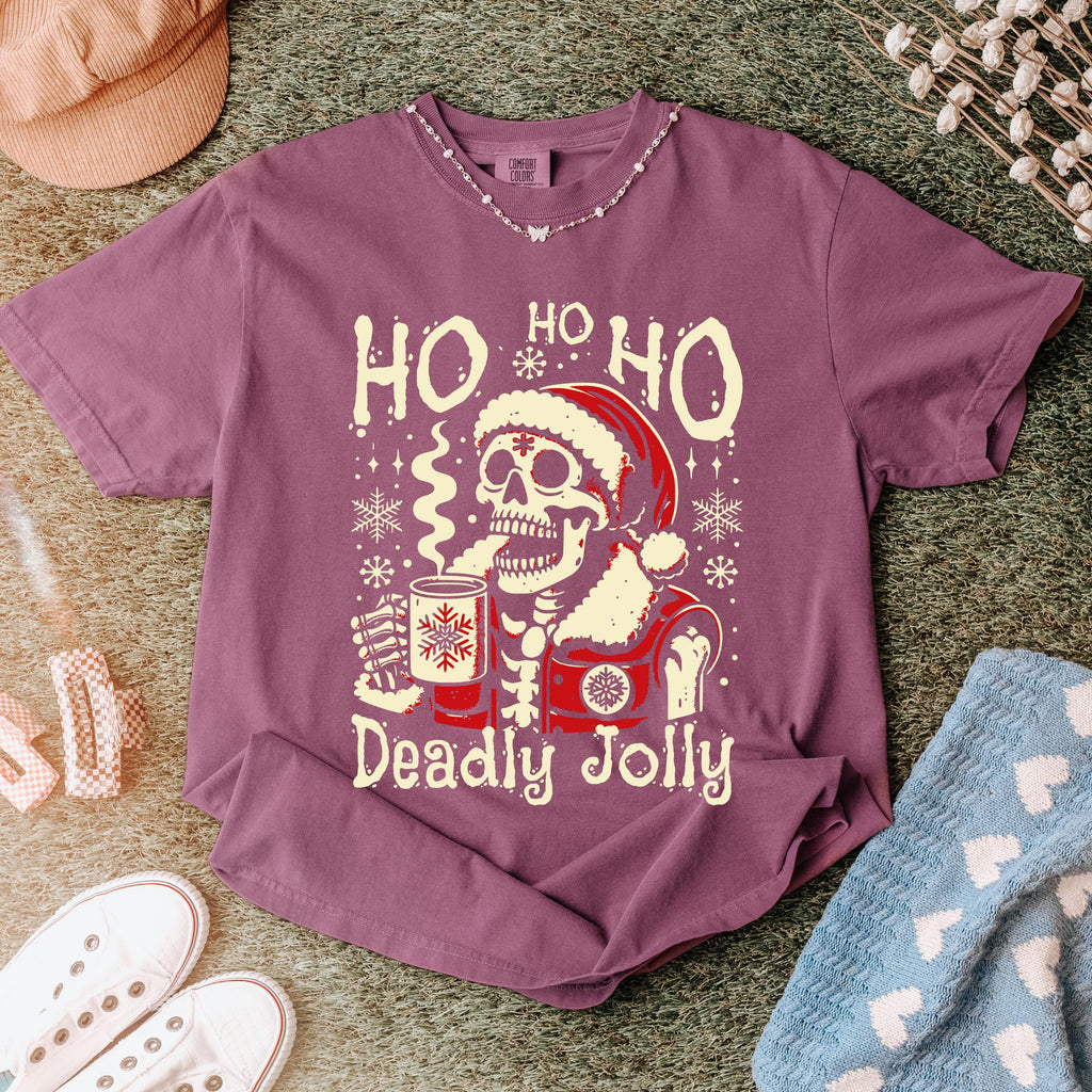 Deadly Jolly Skeleton Santa T-shirt | Ho Ho Ho Christmas Skull Tee