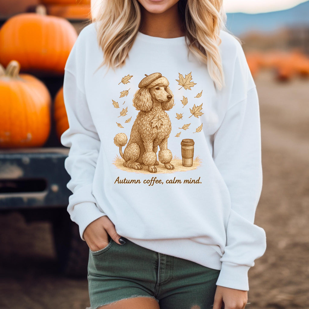Autumn Coffee Poodle Sweatshirt | Fall Leaves, Cozy Mug, Calm Mind