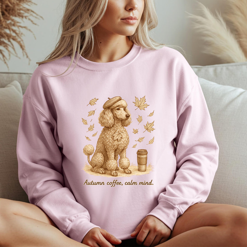 Autumn Coffee Poodle Sweatshirt | Fall Leaves, Cozy Mug, Calm Mind