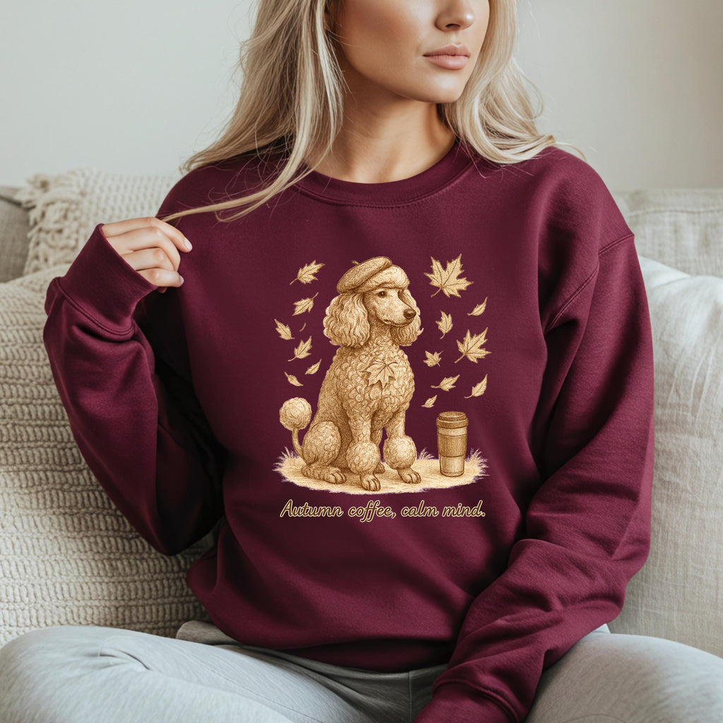 Autumn Coffee Poodle Sweatshirt | Fall Leaves, Cozy Mug, Calm Mind