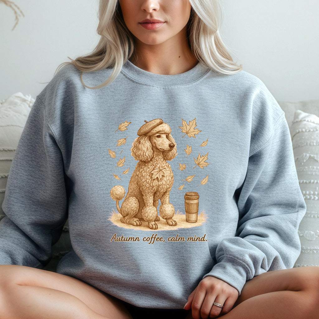 Autumn Coffee Poodle Sweatshirt | Fall Leaves, Cozy Mug, Calm Mind