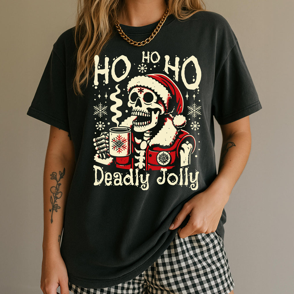 Deadly Jolly Skeleton Santa T-shirt | Ho Ho Ho Christmas Skull Tee