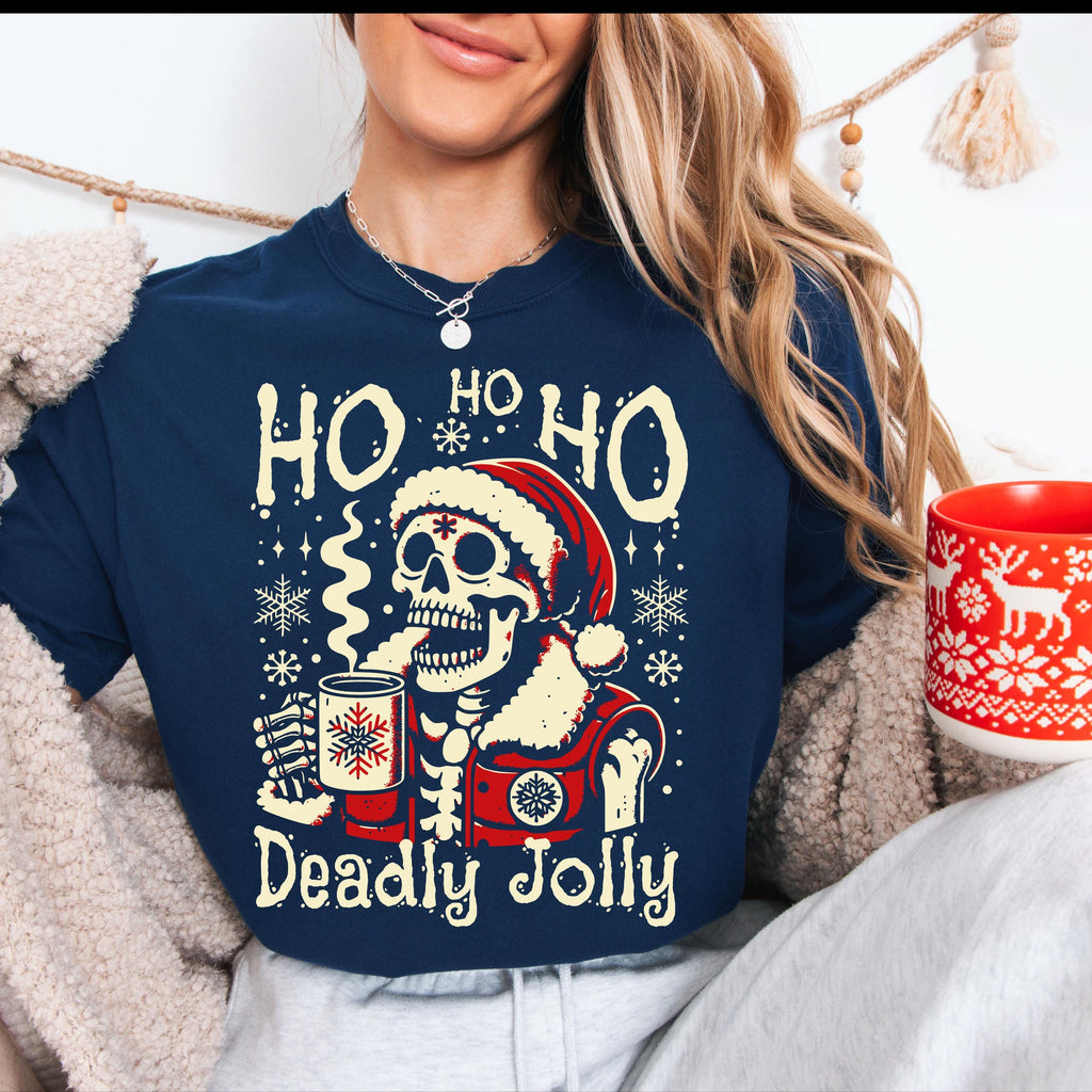 Deadly Jolly Skeleton Santa T-shirt | Ho Ho Ho Christmas Skull Tee