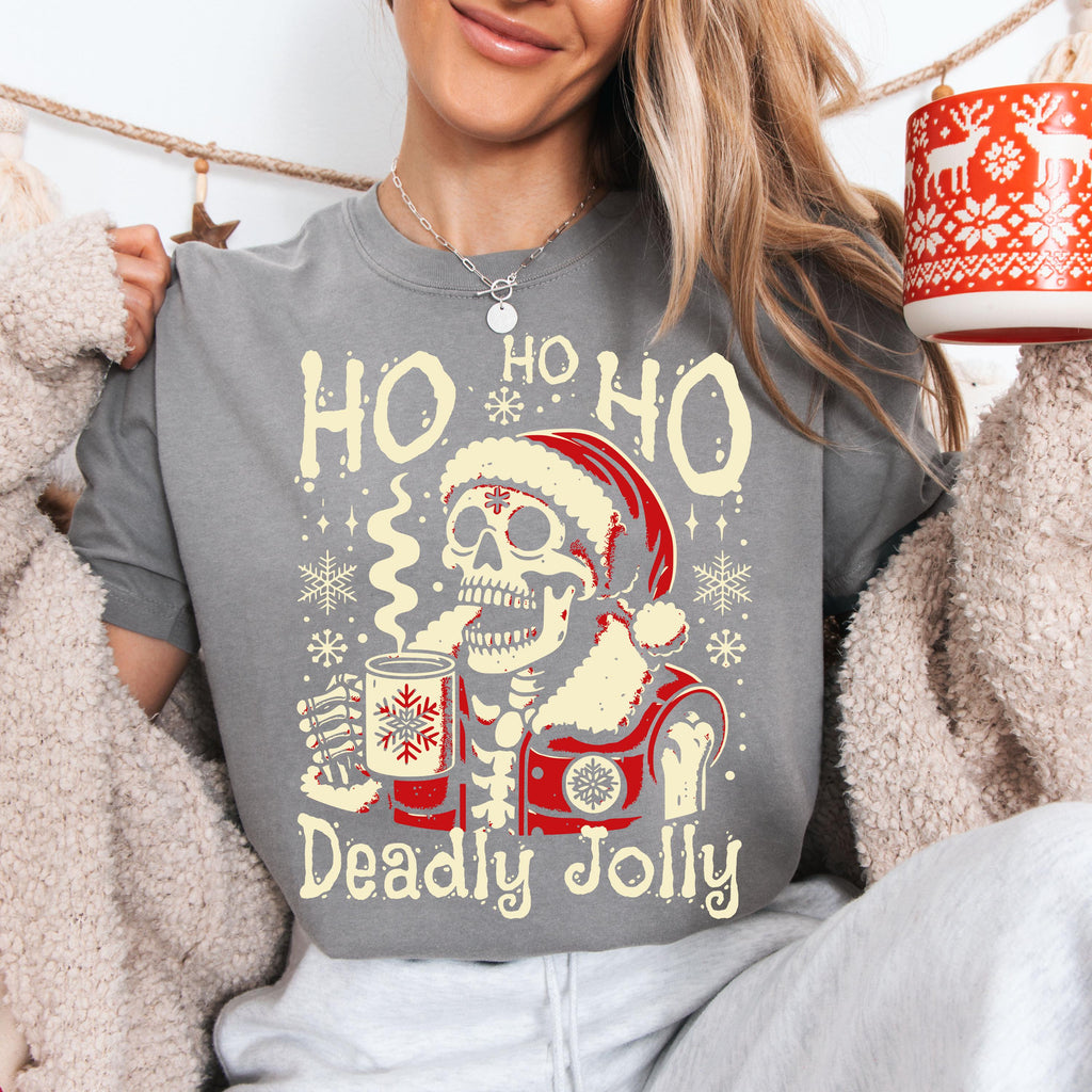 Deadly Jolly Skeleton Santa T-shirt | Ho Ho Ho Christmas Skull Tee