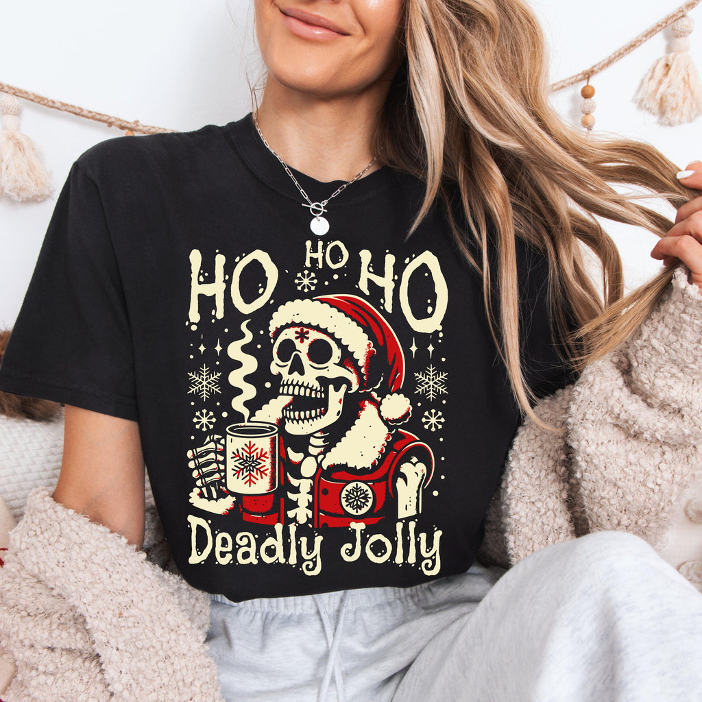 Deadly Jolly Skeleton Santa T-shirt | Ho Ho Ho Christmas Skull Tee