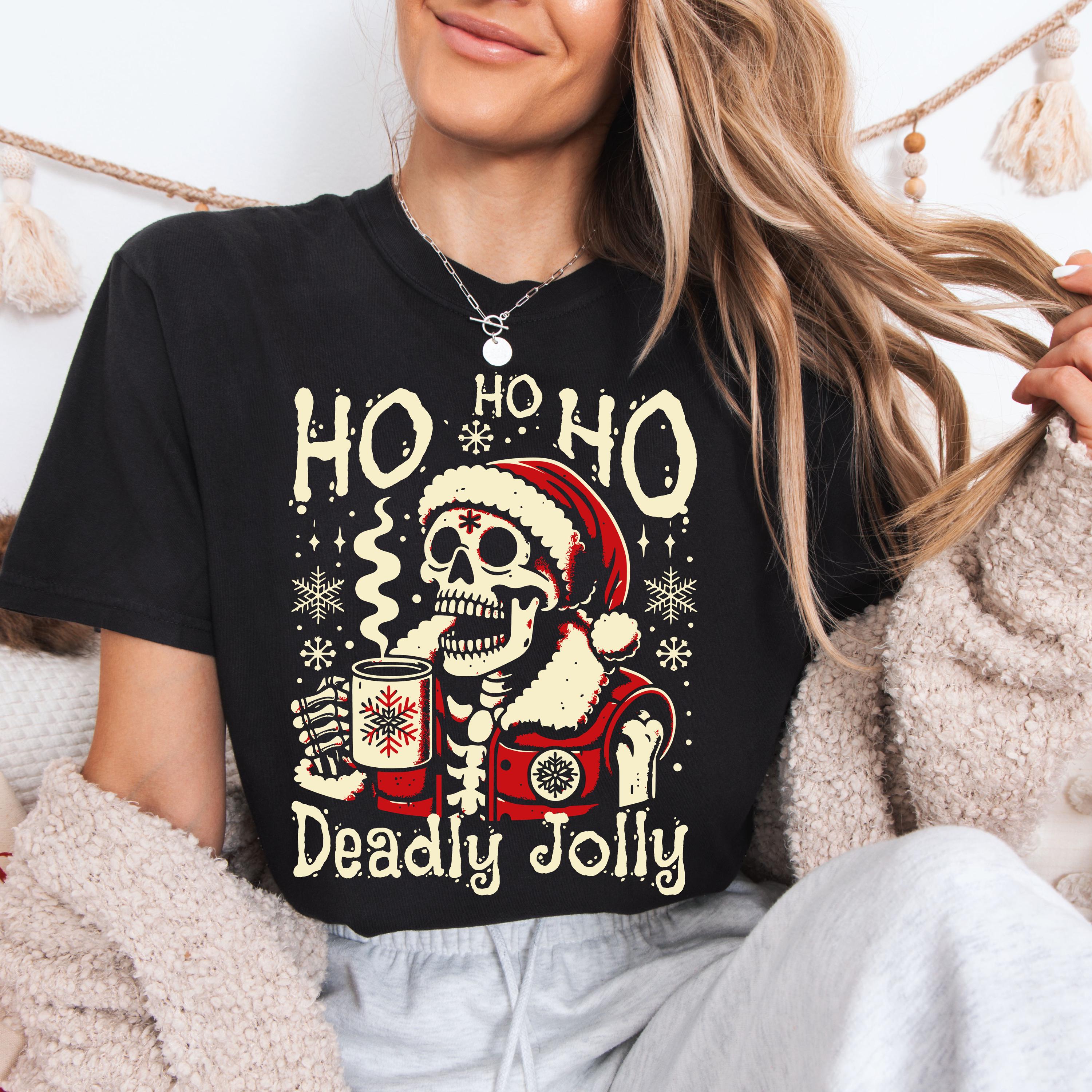Deadly Jolly Skeleton Santa T-shirt | Ho Ho Ho Christmas Skull Tee