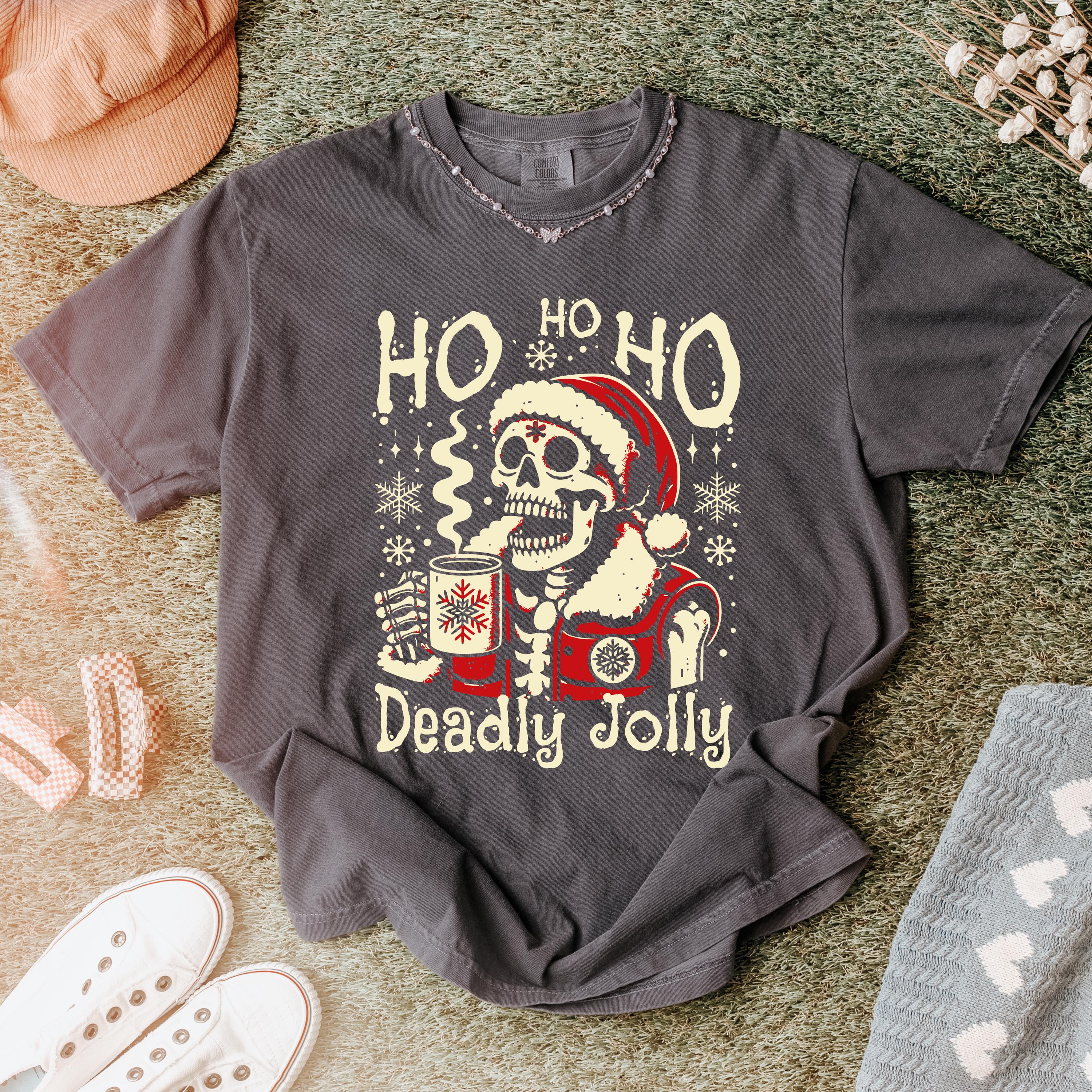 Deadly Jolly Skeleton Santa T-shirt | Ho Ho Ho Christmas Skull Tee