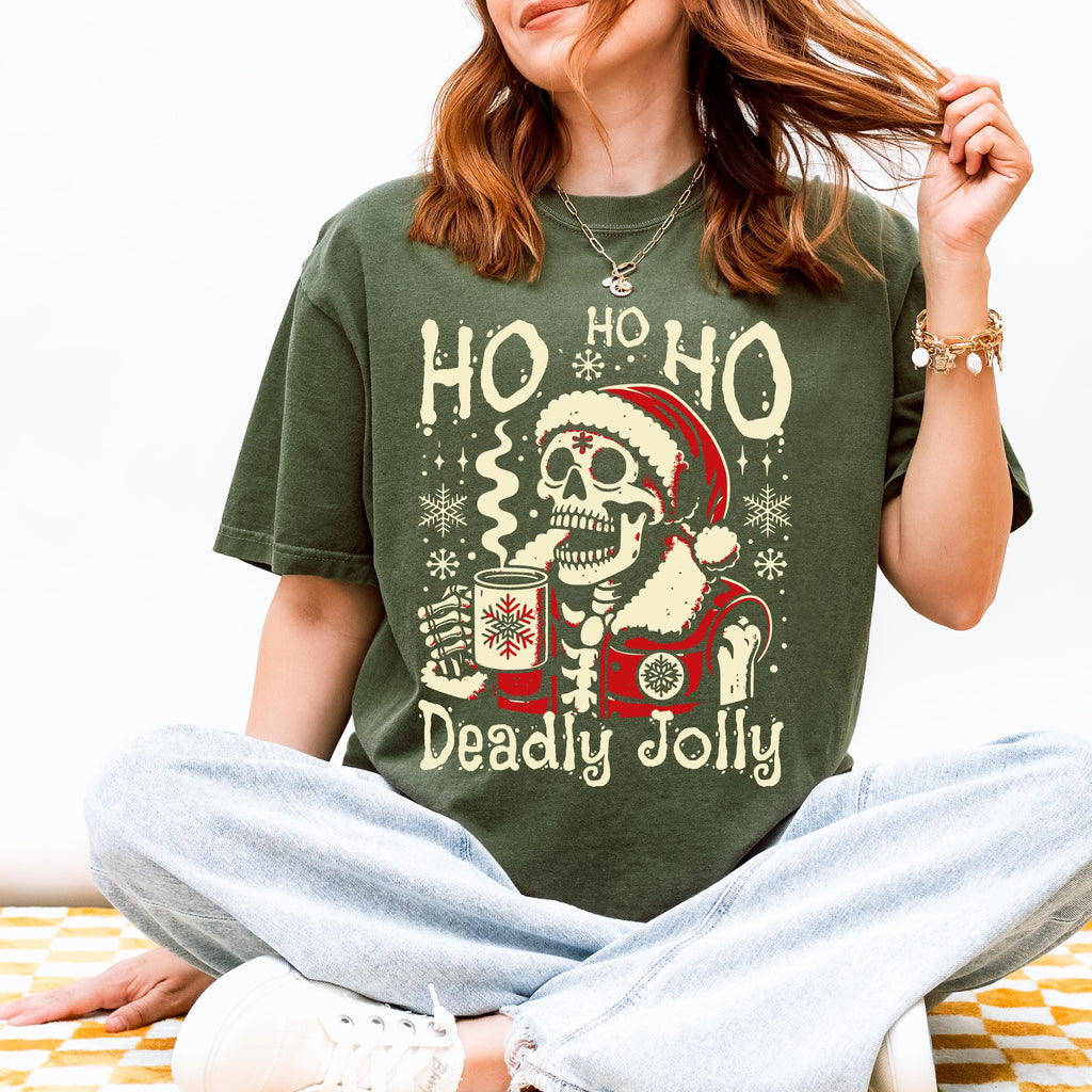 Deadly Jolly Skeleton Santa T-shirt | Ho Ho Ho Christmas Skull Tee